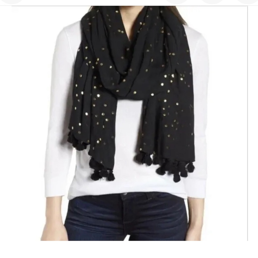 NWT Kate Spade Black w/ Gold Foil Confetti Polka Dot Scarf